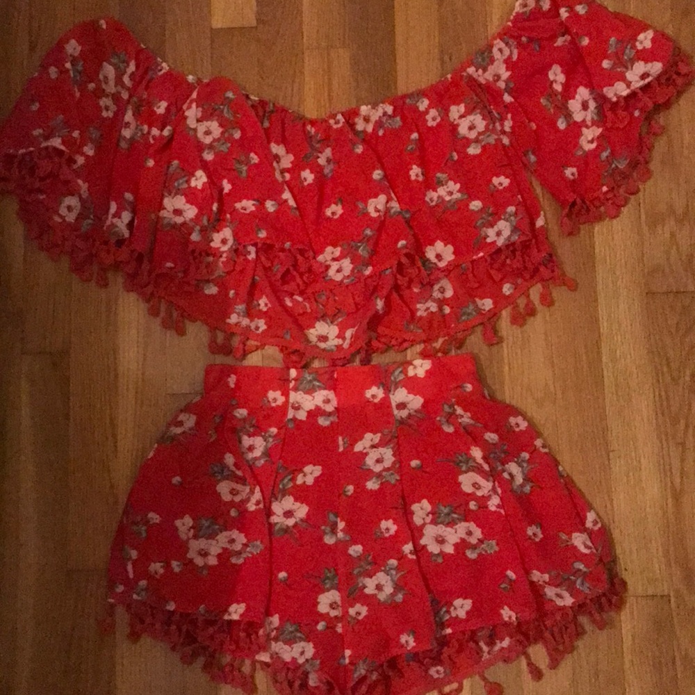 S Red Floral Two Peice Set